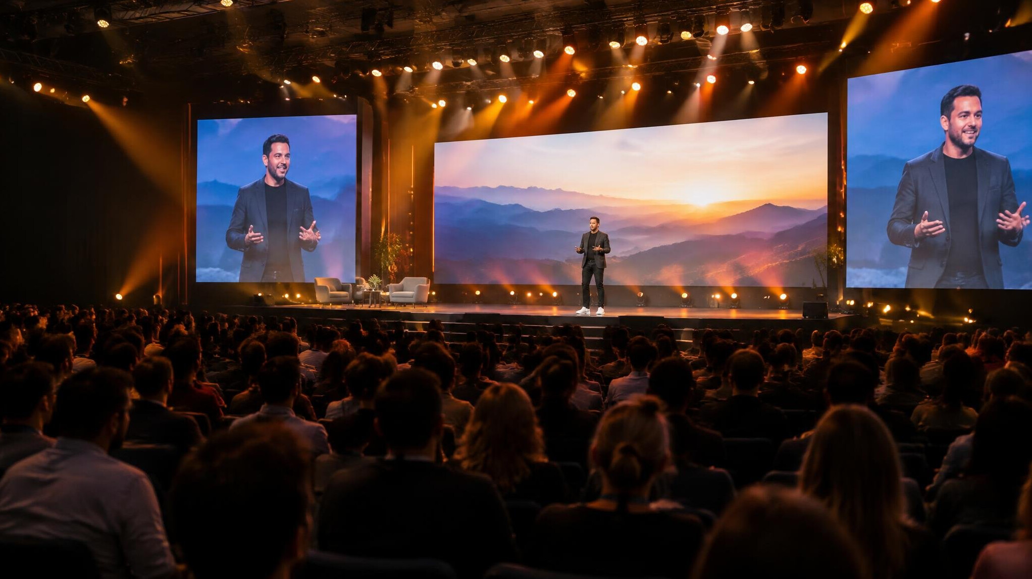 Speaker on stage at a conference event with audience