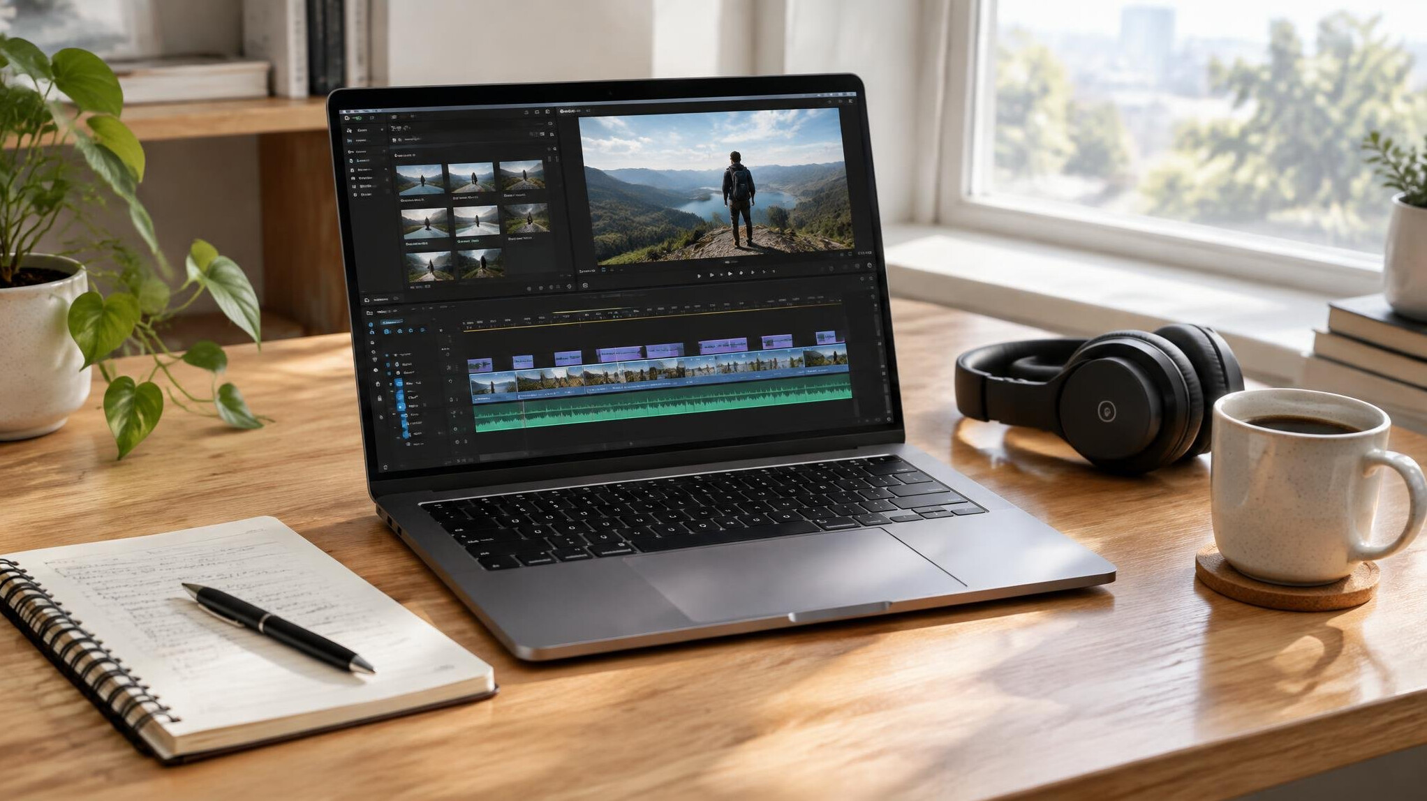 Laptop with video editing software on a desk