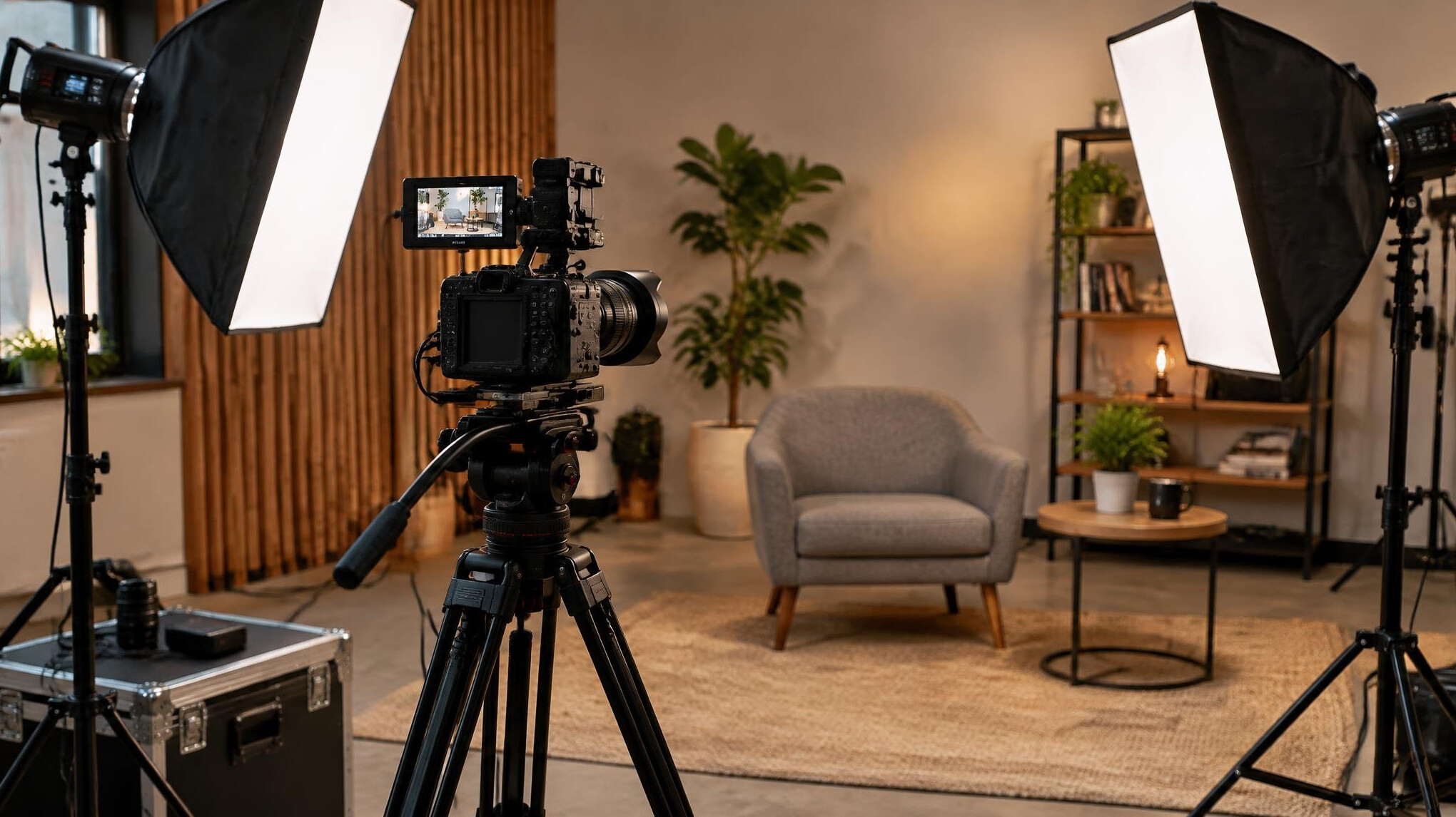 Video camera and studio lights on a set